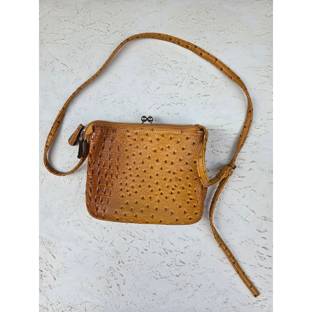 Cato Ostrich Croc Embossed Triple Compartment Crossbody Bag Mustard Yellow Tan